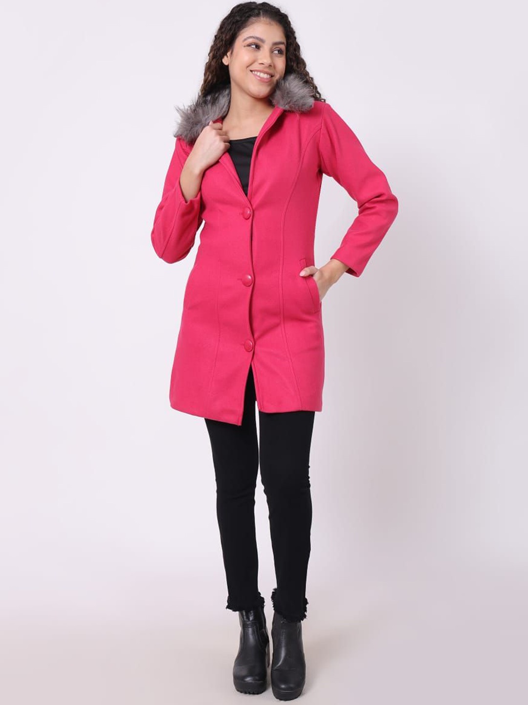 

FELLAMO Women Regular Fit Single Breasted Overcoat, Pink