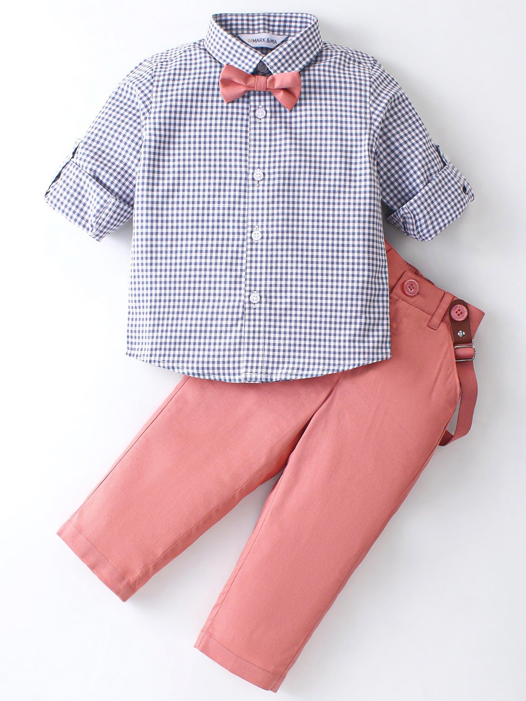 

Mark & Mia Boys Checked Long Sleeves Shirt With Trousers And Suspender, Blue