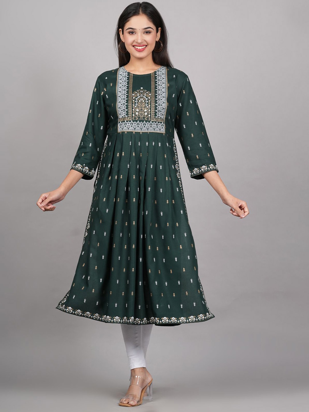 

ANNAYEMA APPARELS Ethnic Motifs Printed Round Neck Pleated Kurta, Green