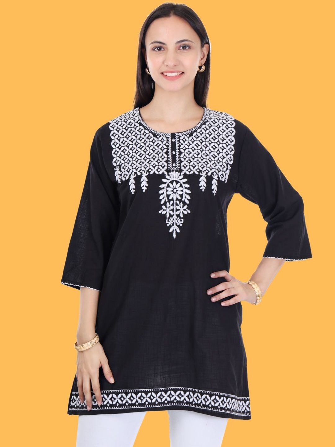 

Moda Rapido Floral Embroidered Flared Sleeves Thread Work Pure Cotton Thread Work Kurti, Black