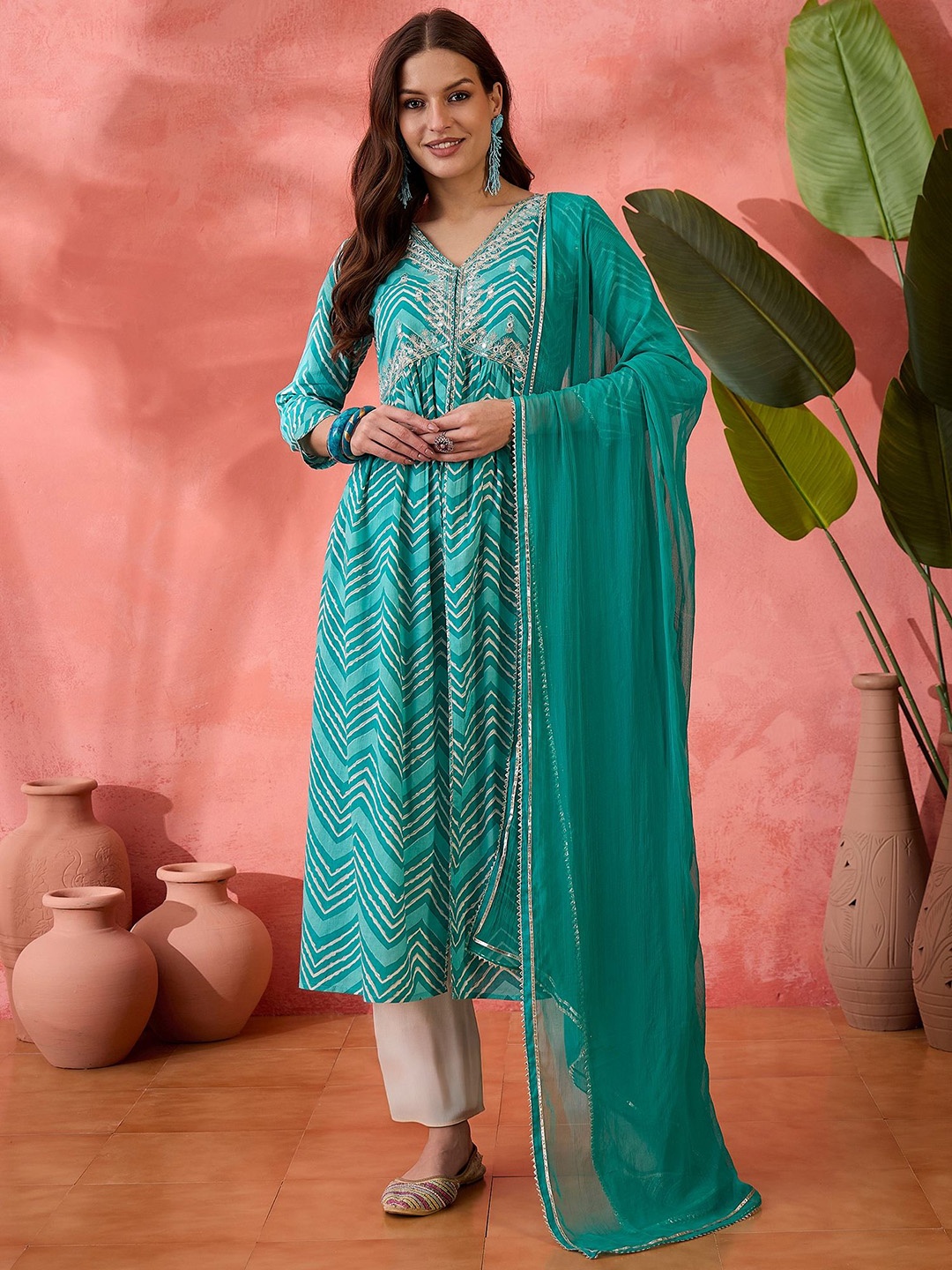 

Sangria Turquoise Blue Chevron Printed Empire Pure Cotton Kurta With Trouser & Dupatta