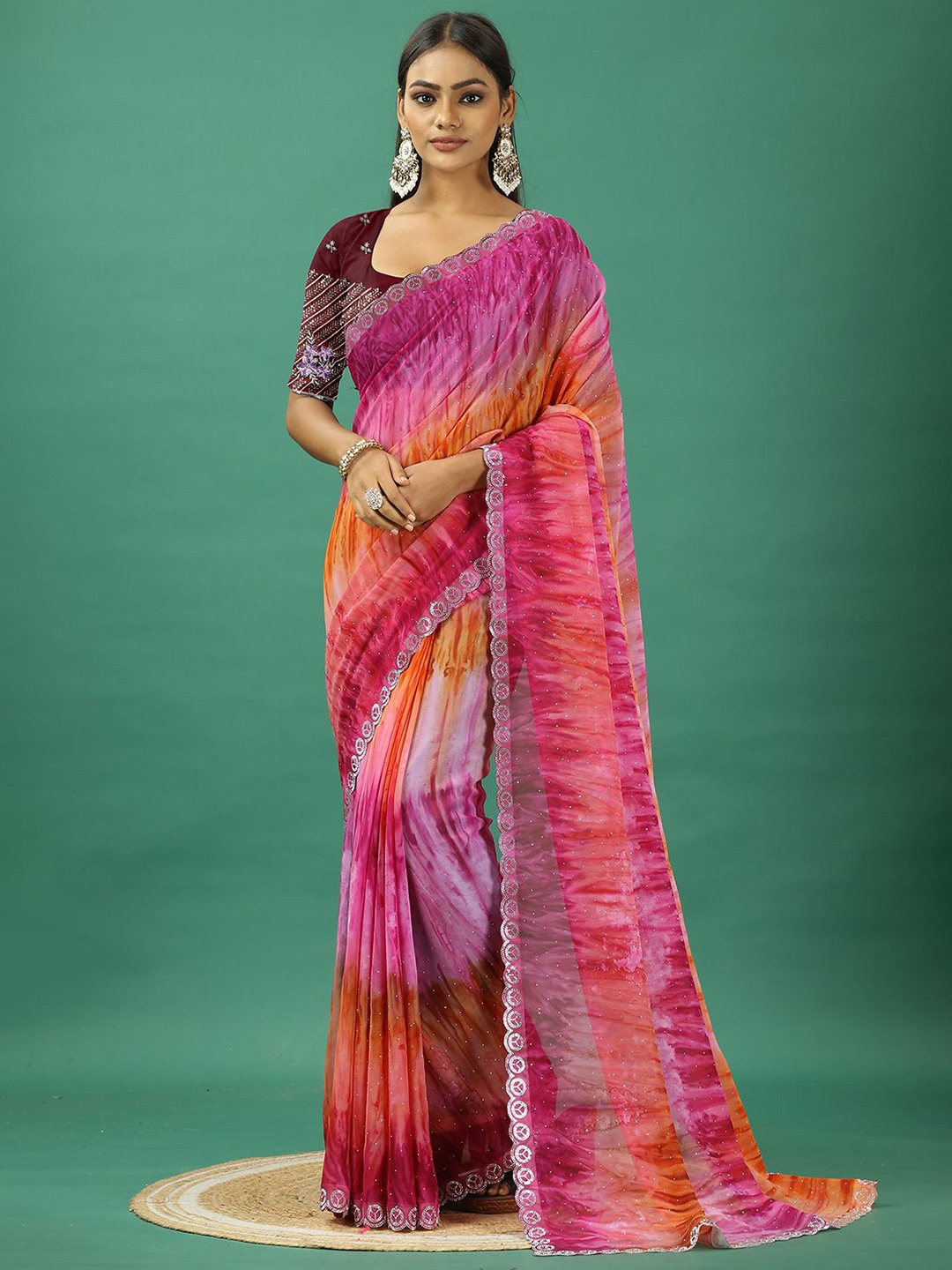 

A.V.M. SILK MILLS Tie and Dye Embroidered Pure Georgette Saree, Pink