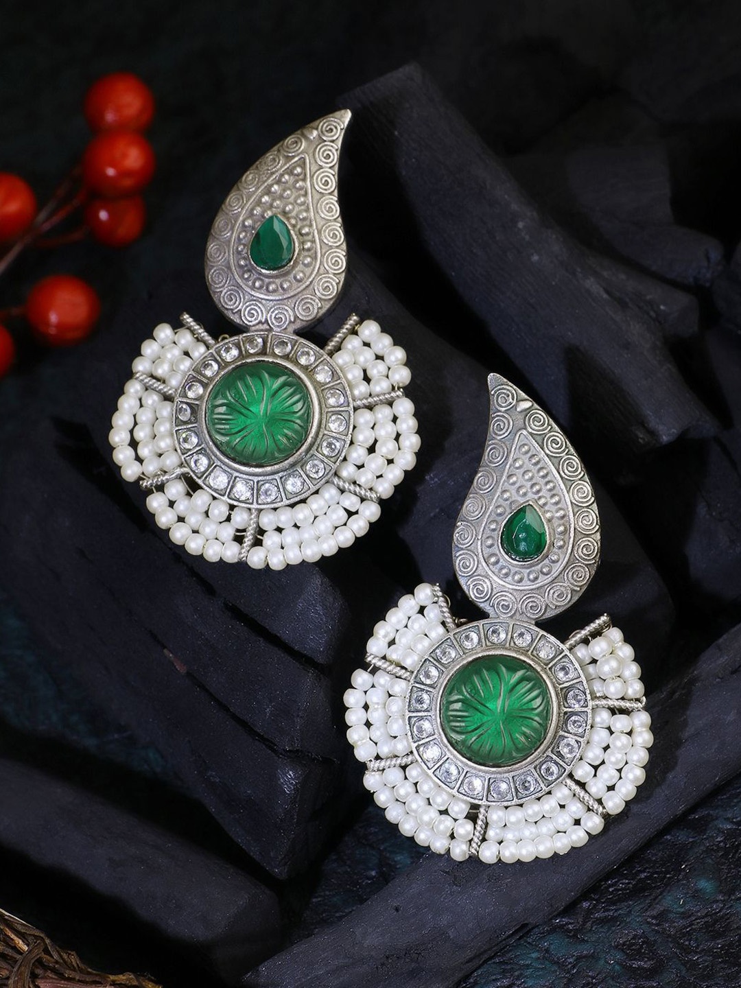 

Sangria Green Silver-Plated Artificial Stones Studded And Beaded Oxidised Drop Earrings