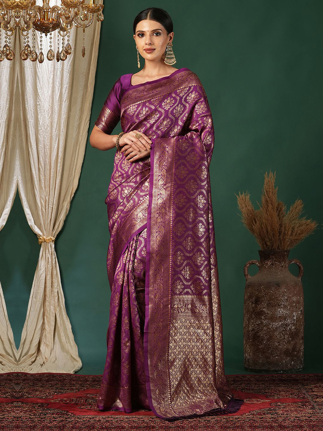 

KALINI Woven Design Zari Silk Blend Banarasi Saree, Purple