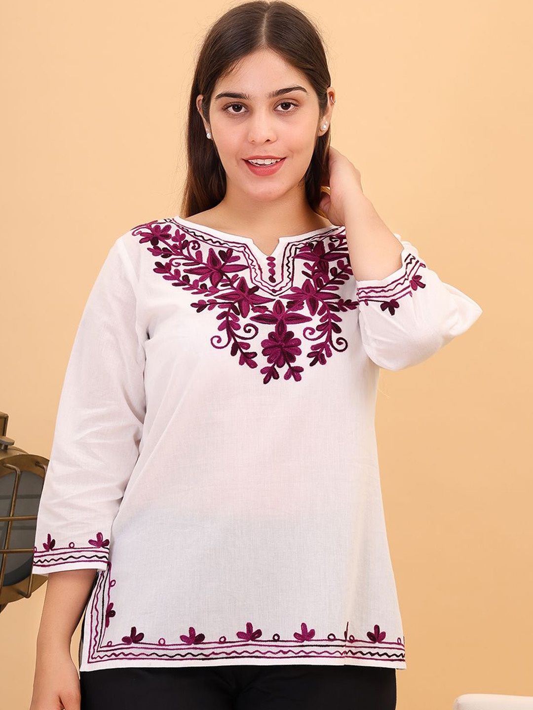 

FEMBLISS Floral Embroidered Notch Neck Kurti, White