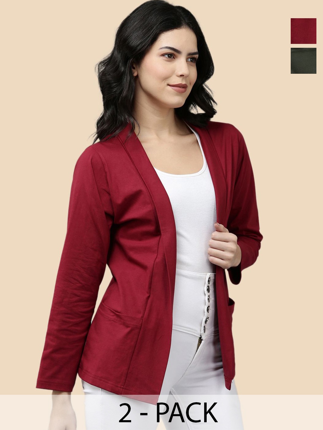 

Kryptic Pack Of 2 Cotton Open Front Shrug, Maroon