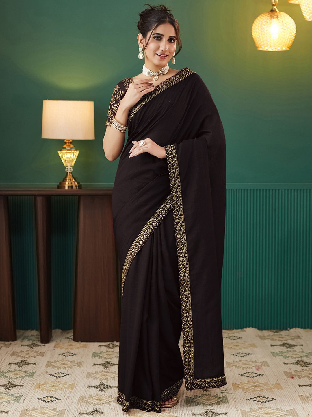 

KALINI Embellished Beads and Stones Saree, Coffee brown