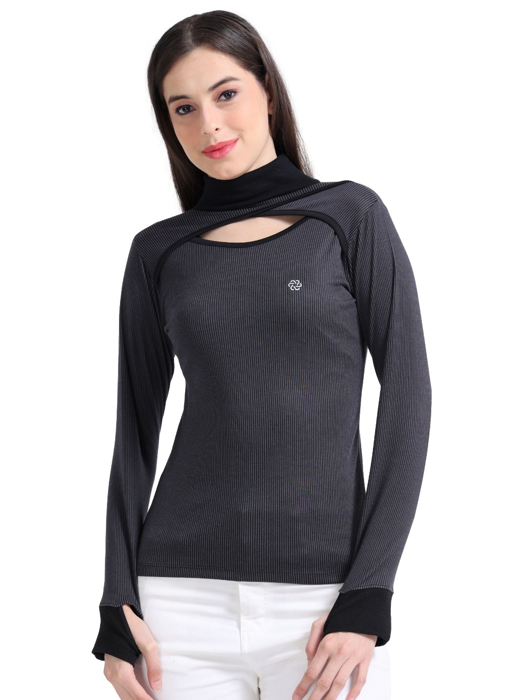 

ECOLINE Clothing Women Antimicrobial Striped Turtle Neck T-shirt, Grey