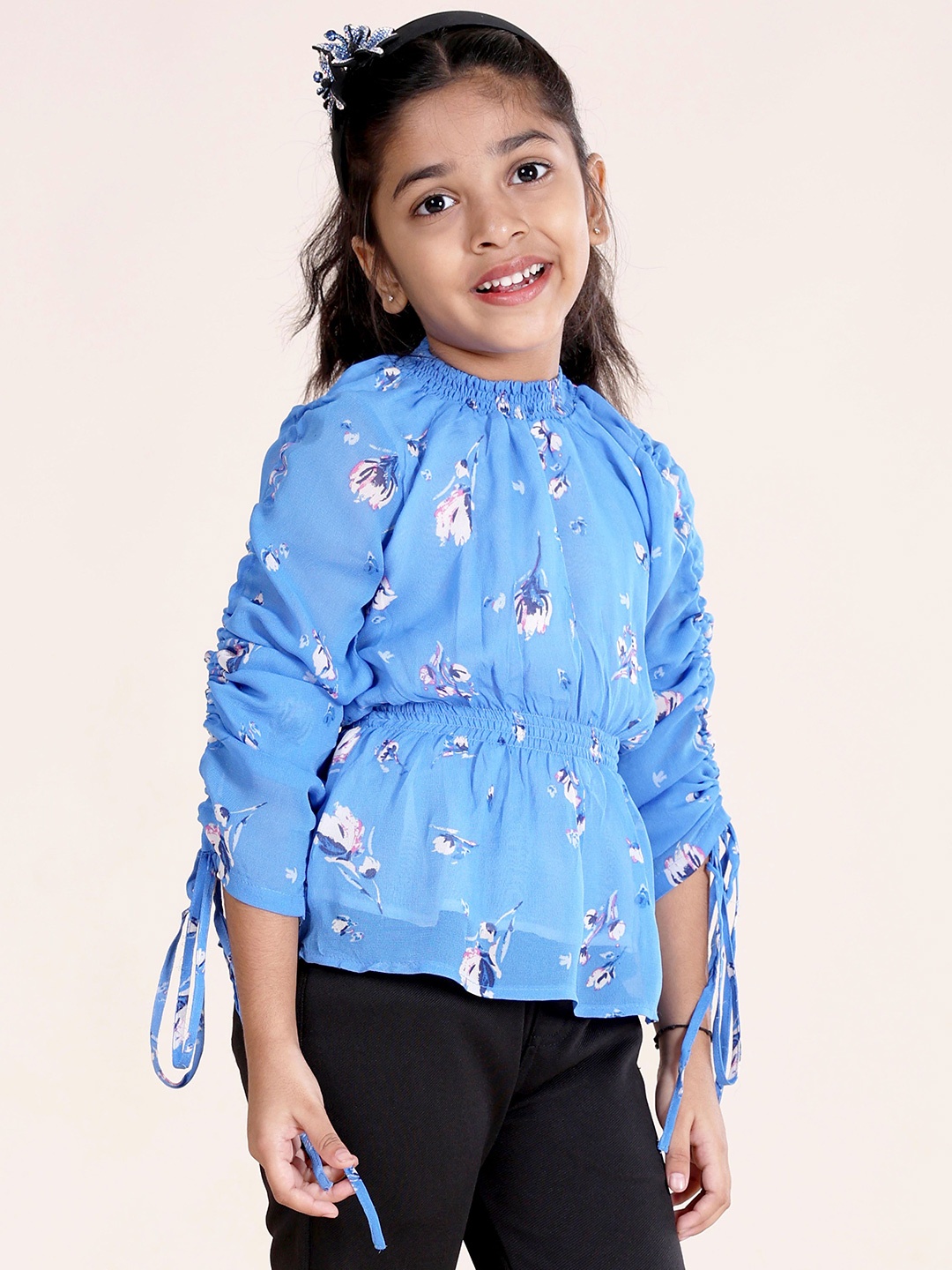 

KiddoPanti Girls Floral Printed Cinched Waist Top, Blue