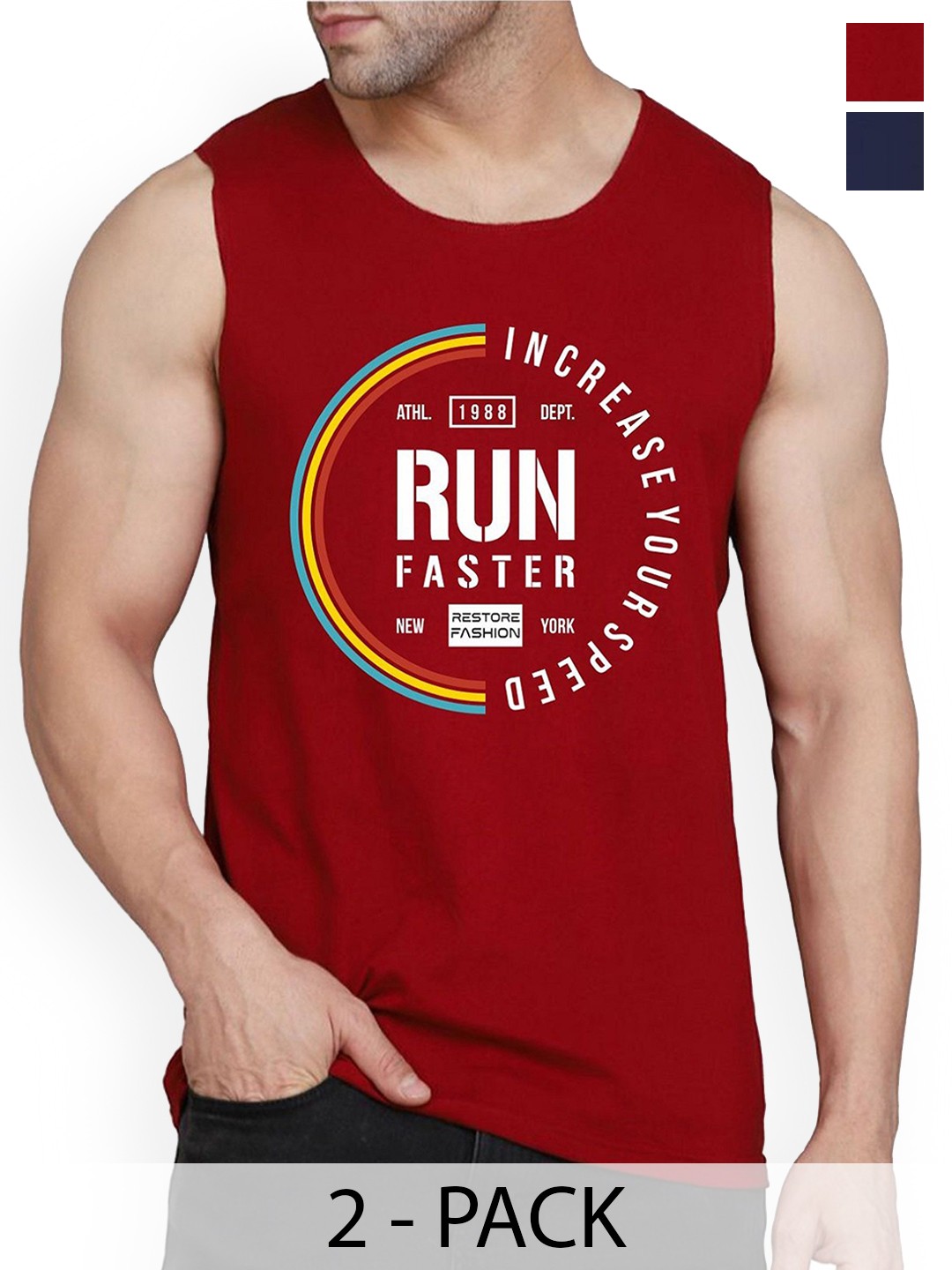 

Woostro Men Pack Of 2 Printed Cotton Gym Vests, Maroon