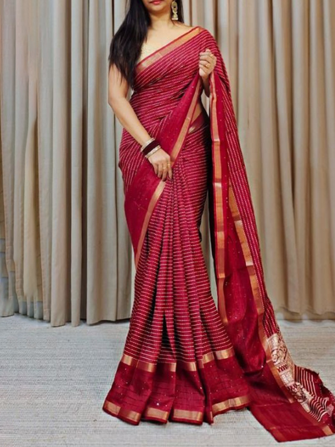 

bansari textiles Woven Design Zari Pure Silk Jamdani Saree, Red