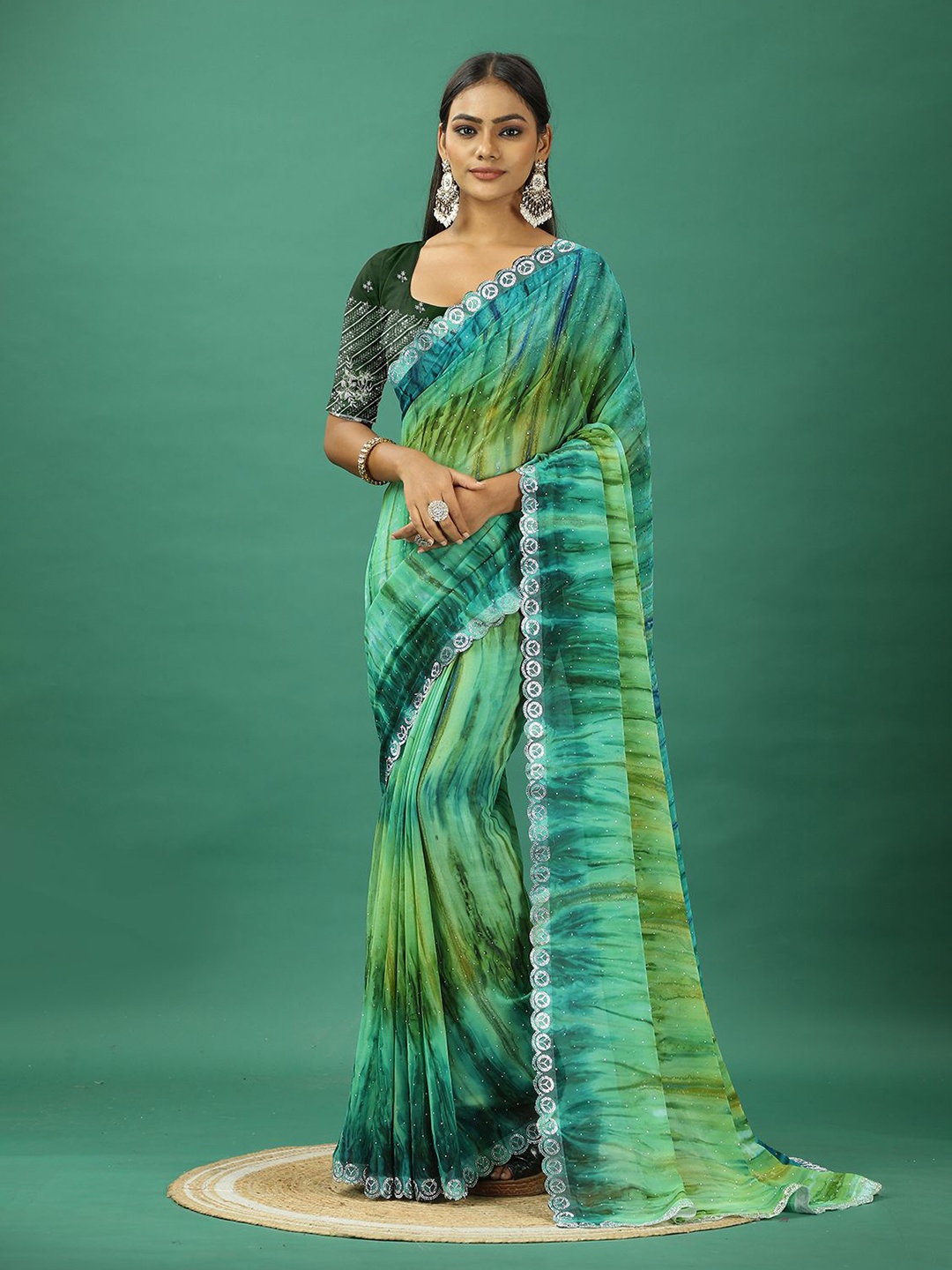 

NIRMAL CREATION Beads and Stones Pure Georgette Saree, Green