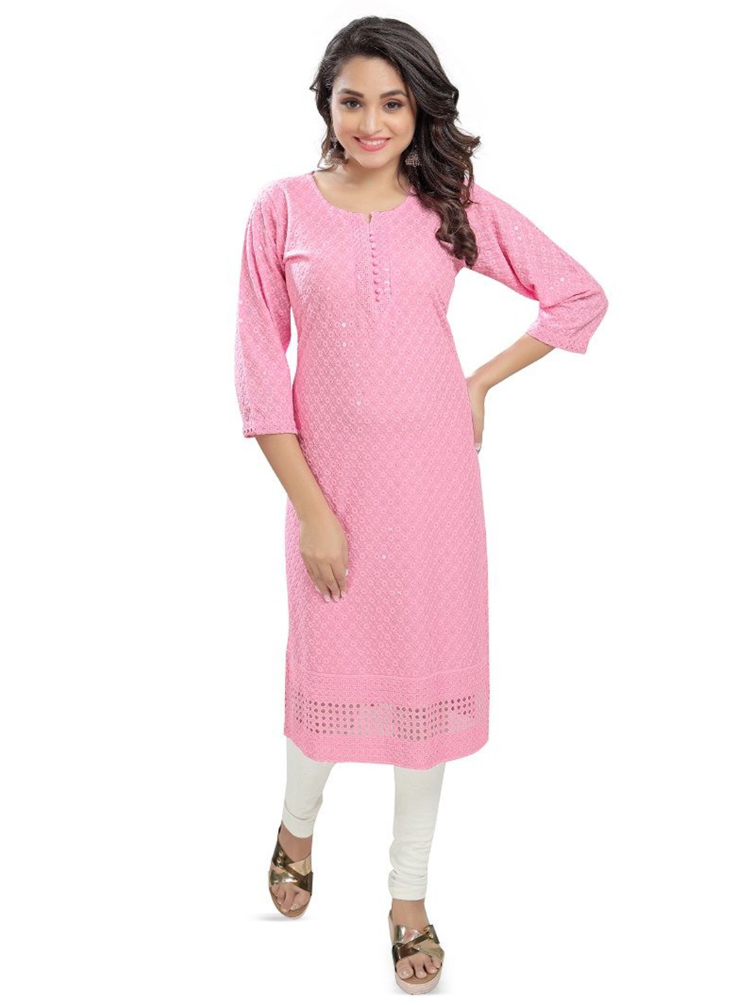 

DREAM & DZIRE Embellished Chikankari Straight Kurta, Pink