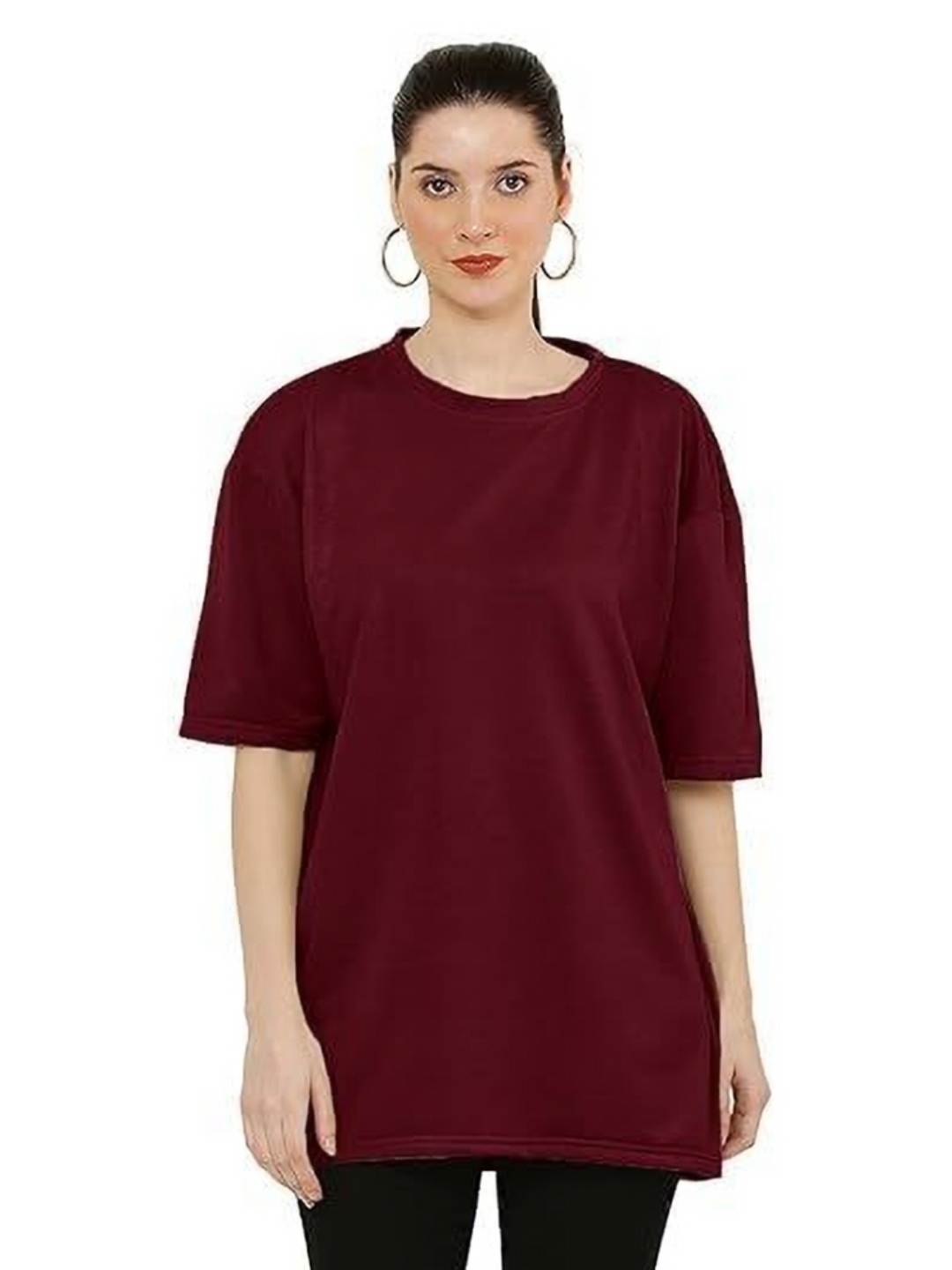 

NOTWILD Women Pack Of 2 Solid Round Neck Cotton Relaxed Fit T-shirts, Maroon