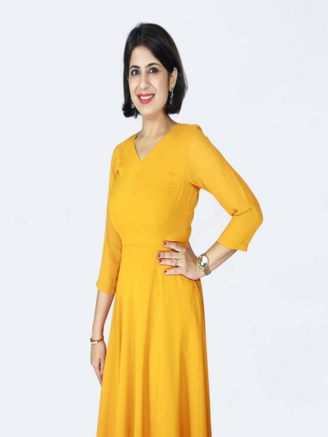 

GEETUES V-Neck Georgette Fit & Flare Maxi Dress, Yellow
