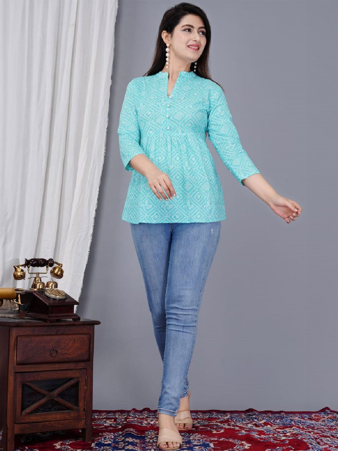 

Aasira Floral Print Mandarin Collar Cotton Top, Blue