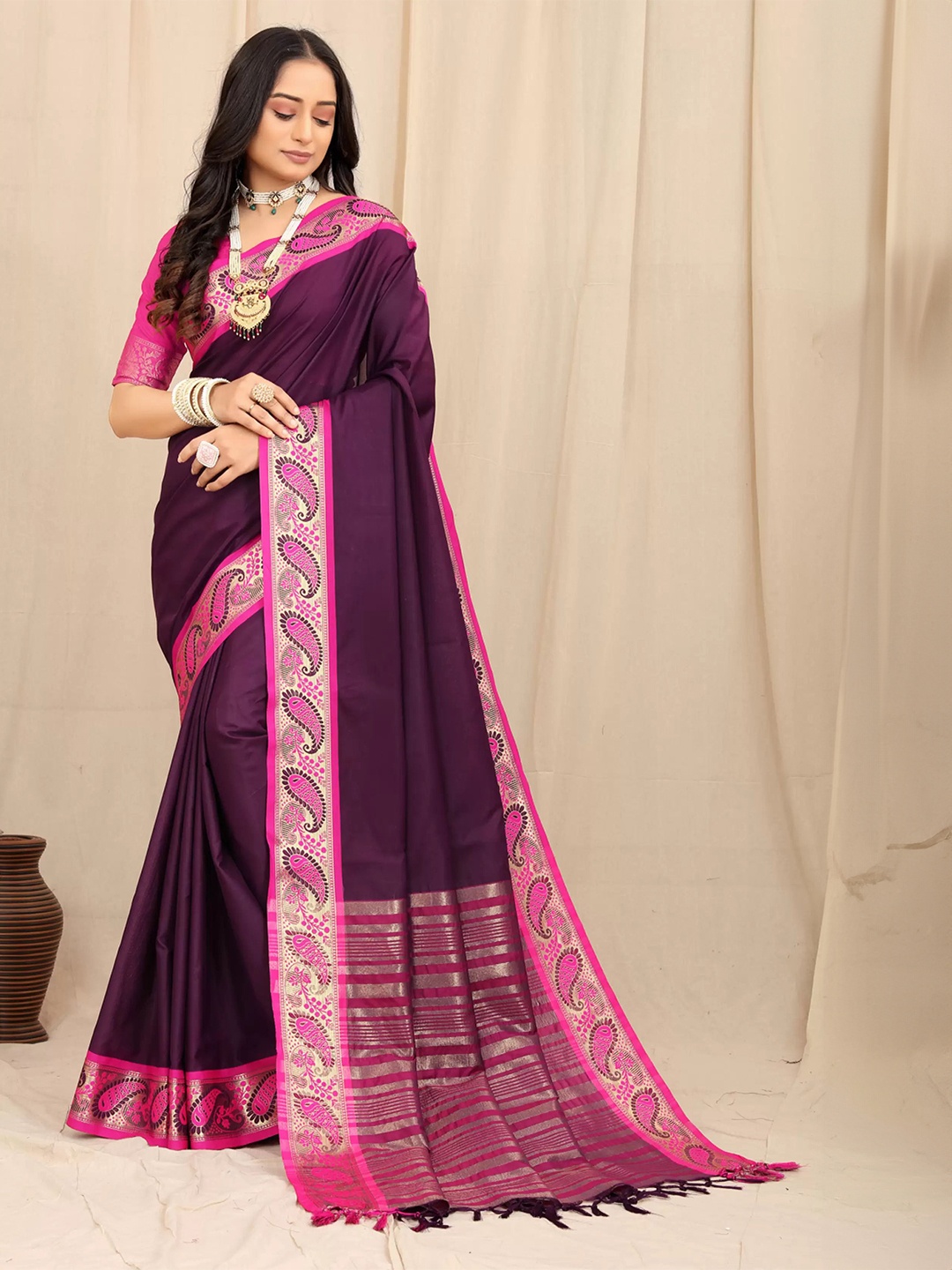 

bansari textiles Zari Pure Cotton Banarasi Saree, Purple