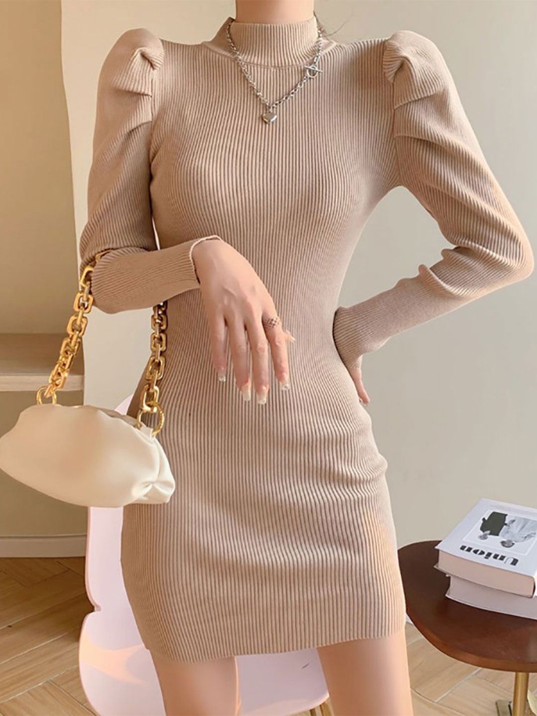 

StyleCast x Revolte High Neck Puff Sleeve Sheath Mini Dress, Beige