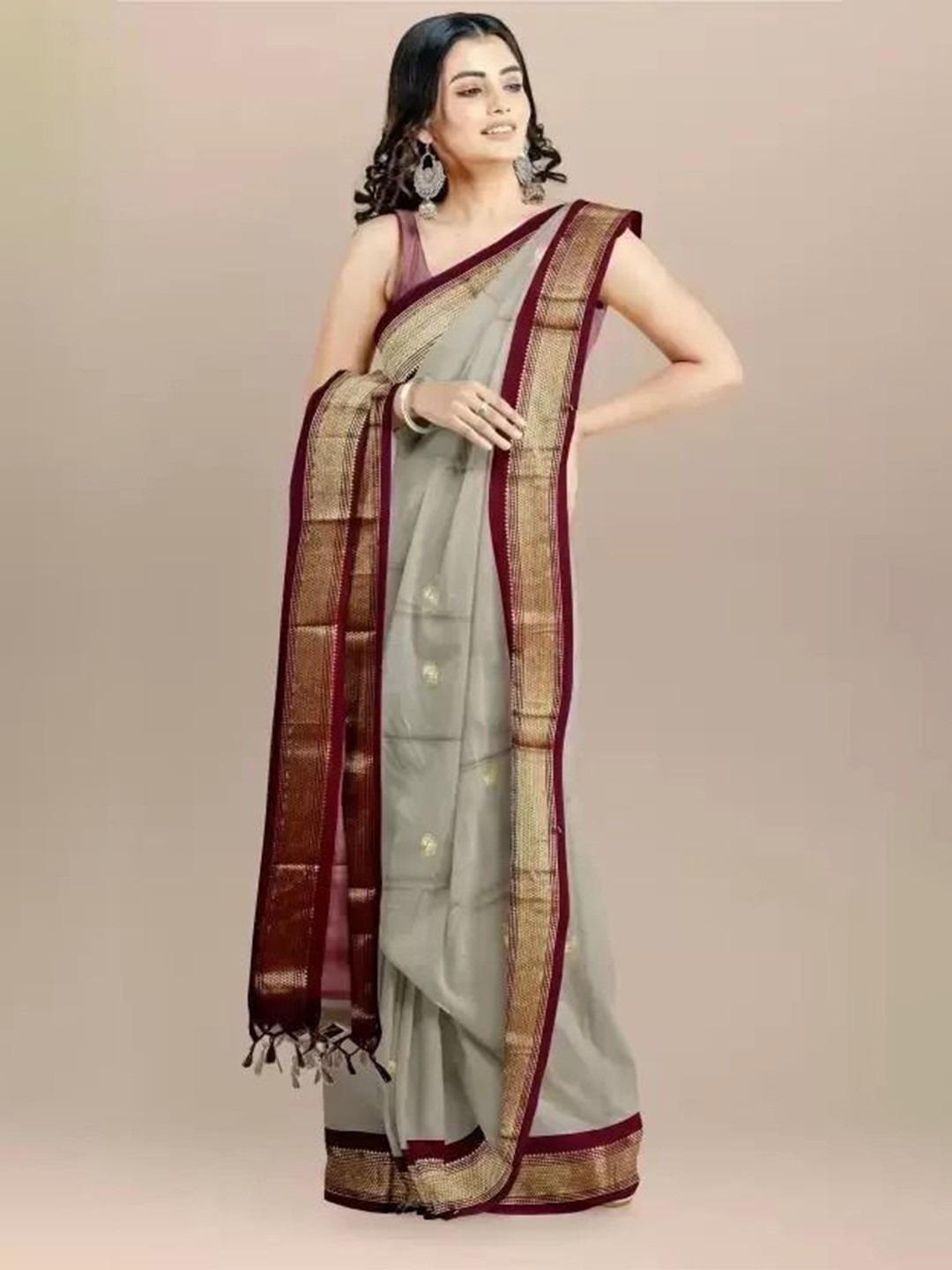 

bansari textiles Woven Design Zari Pure Silk Paithani Saree, Grey