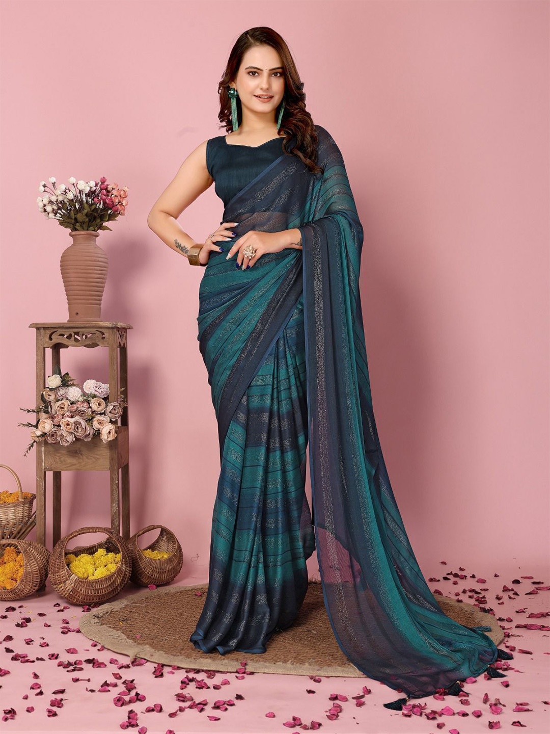 

bansari textiles Striped Kota Saree, Blue