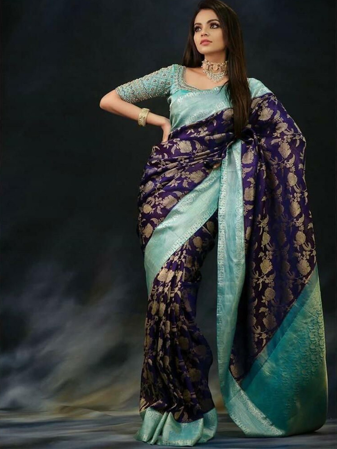

bansari textiles Woven Design Zari Pure Cotton Kanjeevaram Saree, Blue
