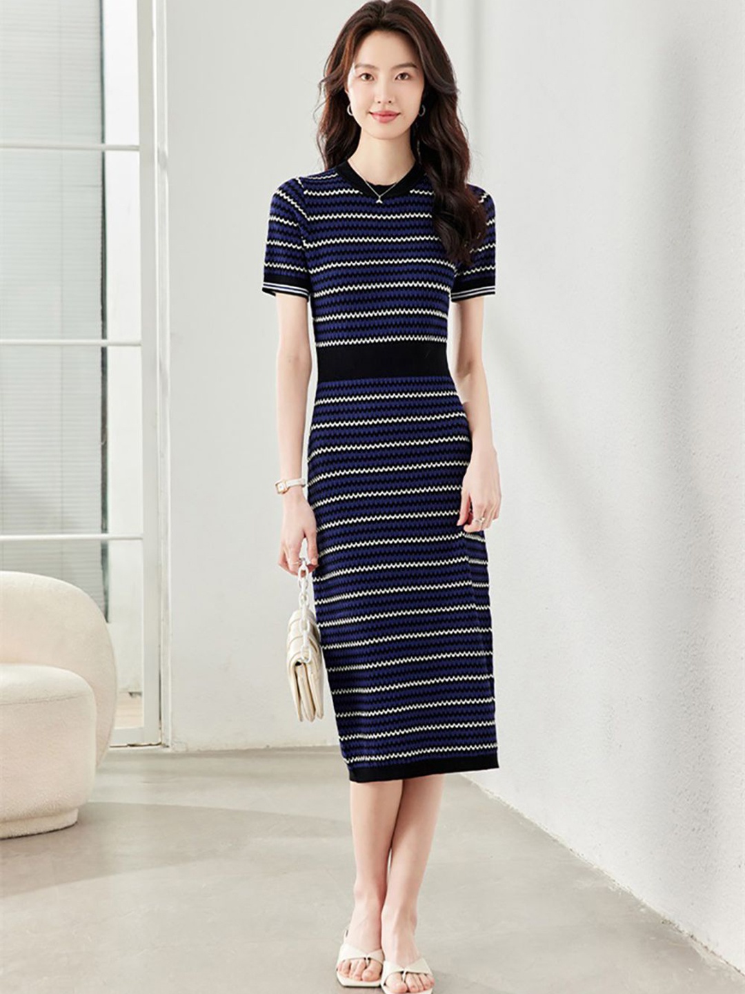 

StyleCast x Revolte Women Striped Bodycon Midi Dress, Navy blue