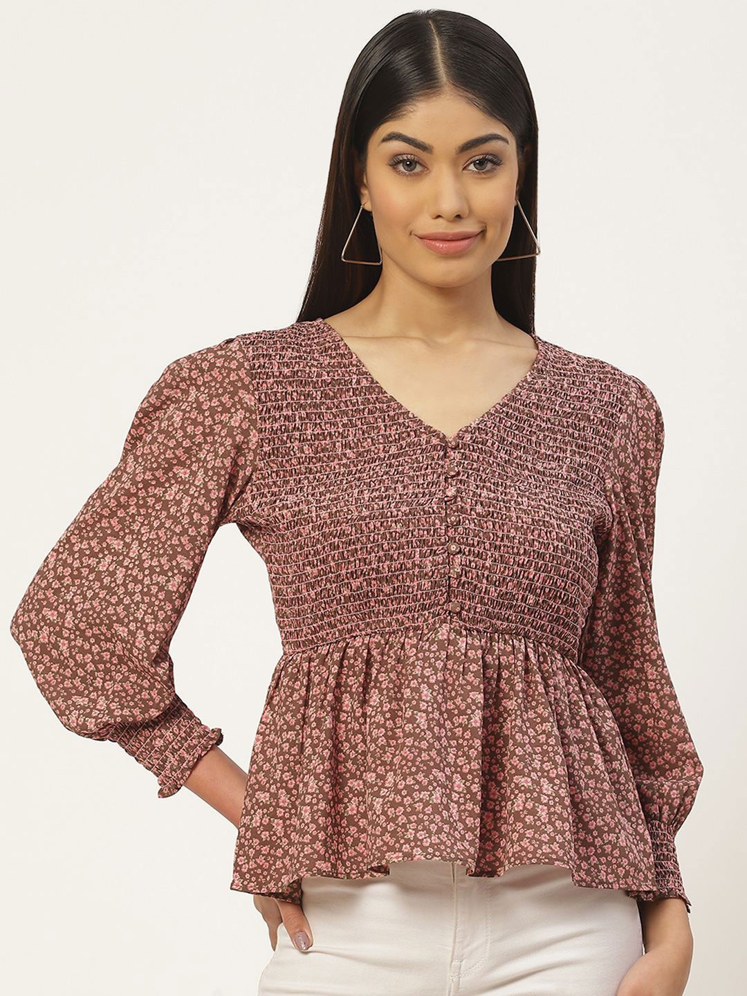 

Moda Rapido Women Floral Printed Smocked Peplum Top, Brown