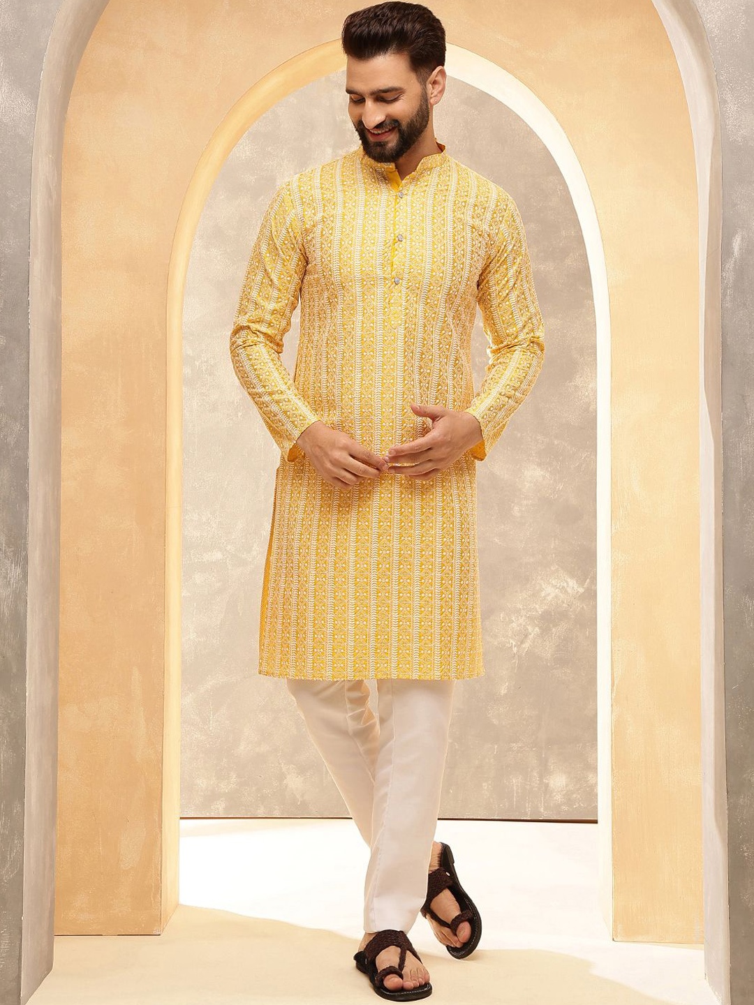 

Anouk Yellow & White Band Collar Geometric Embroidered Pure Cotton Straight Kurta