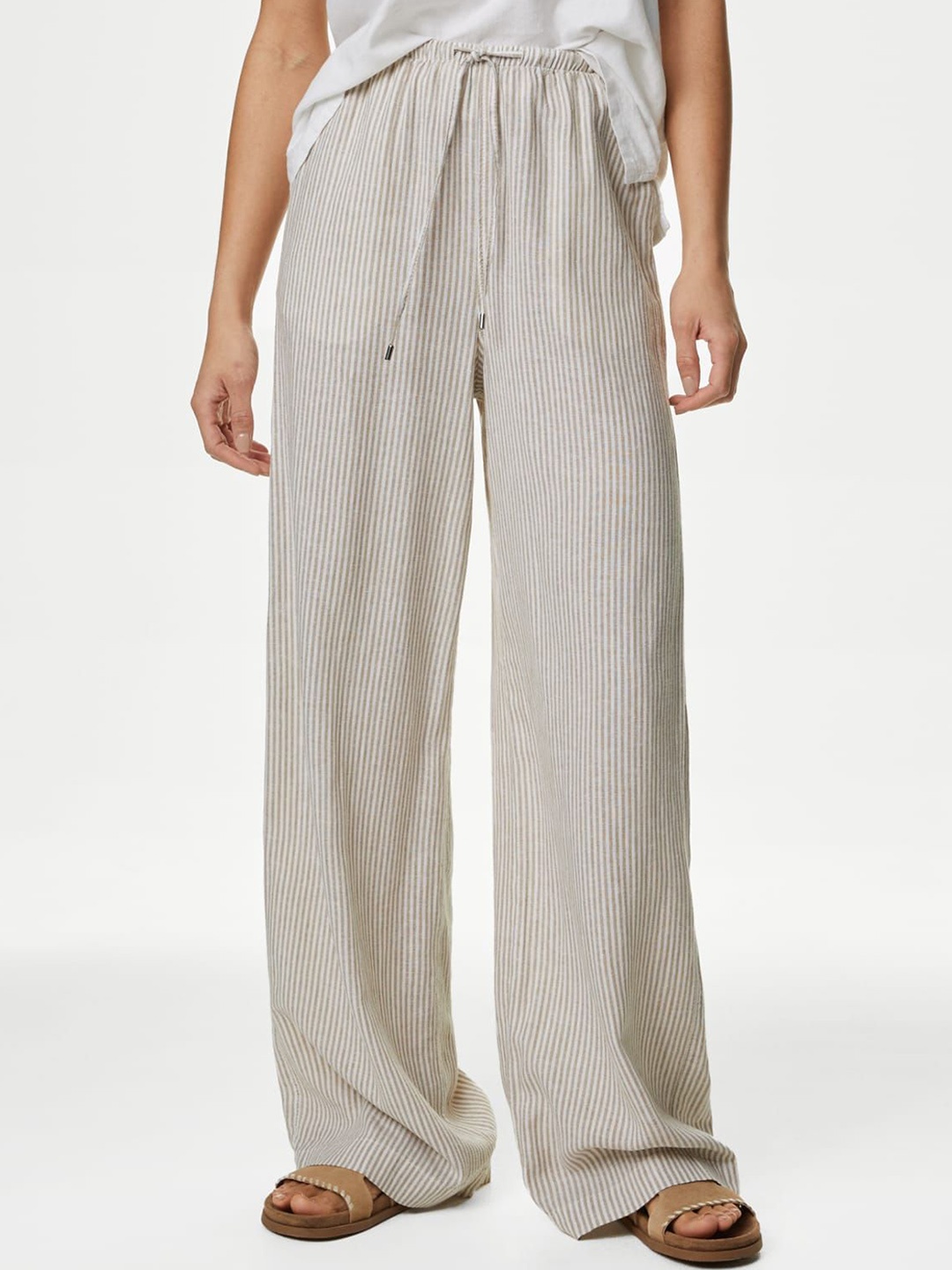 

Marks & Spencer Women Striped High-Rise Trousers, Beige