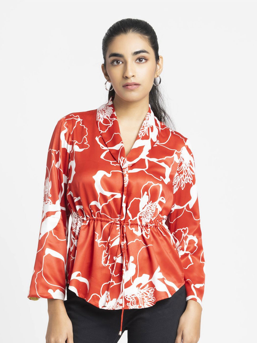 

SHAYE Women Relaxed Fit Spread Collar Abstract Printed Satin Casual Shirt, Red