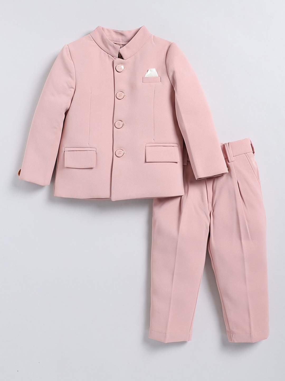 

LITTLE COLLARS Boys Jodhpuri Bandhgala Two-Piece Suit Blazer With Trouser, Pink