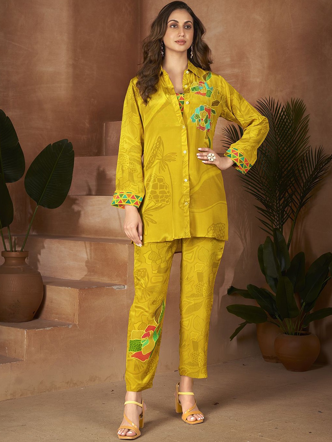 

Krimmple Floral Printed Top With Trouser And Shirt, Yellow