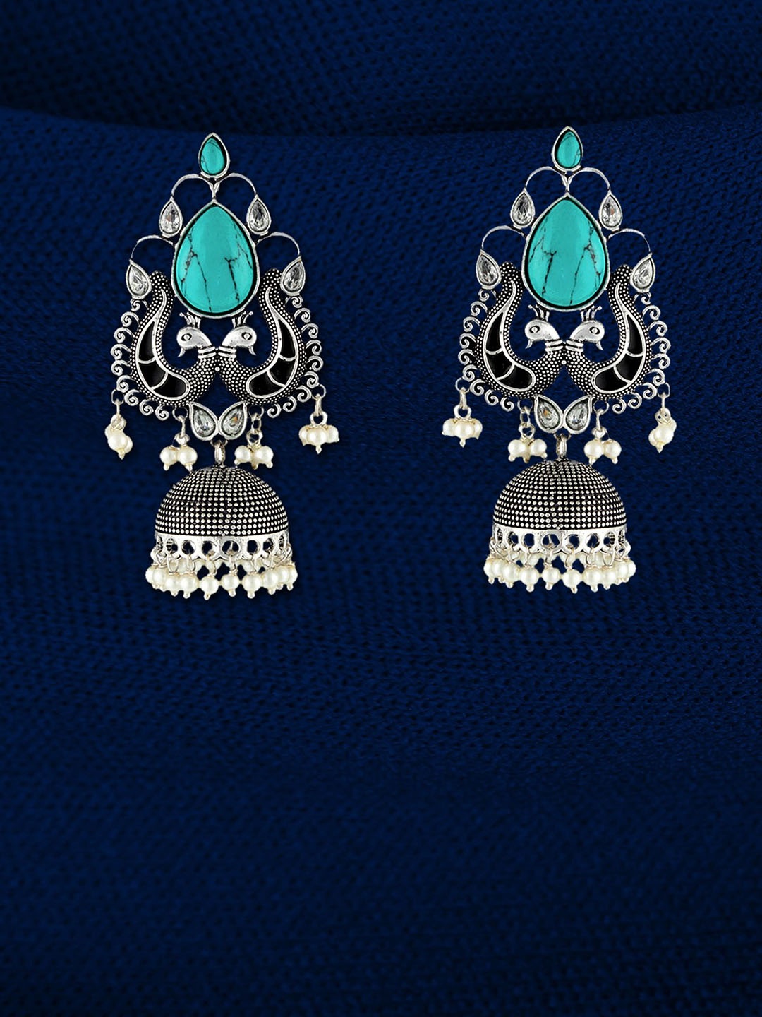 

Sangria Blue Silver-Plated Turquoise Stones Studded & Pearls Beaded Oxidised Jhumkas