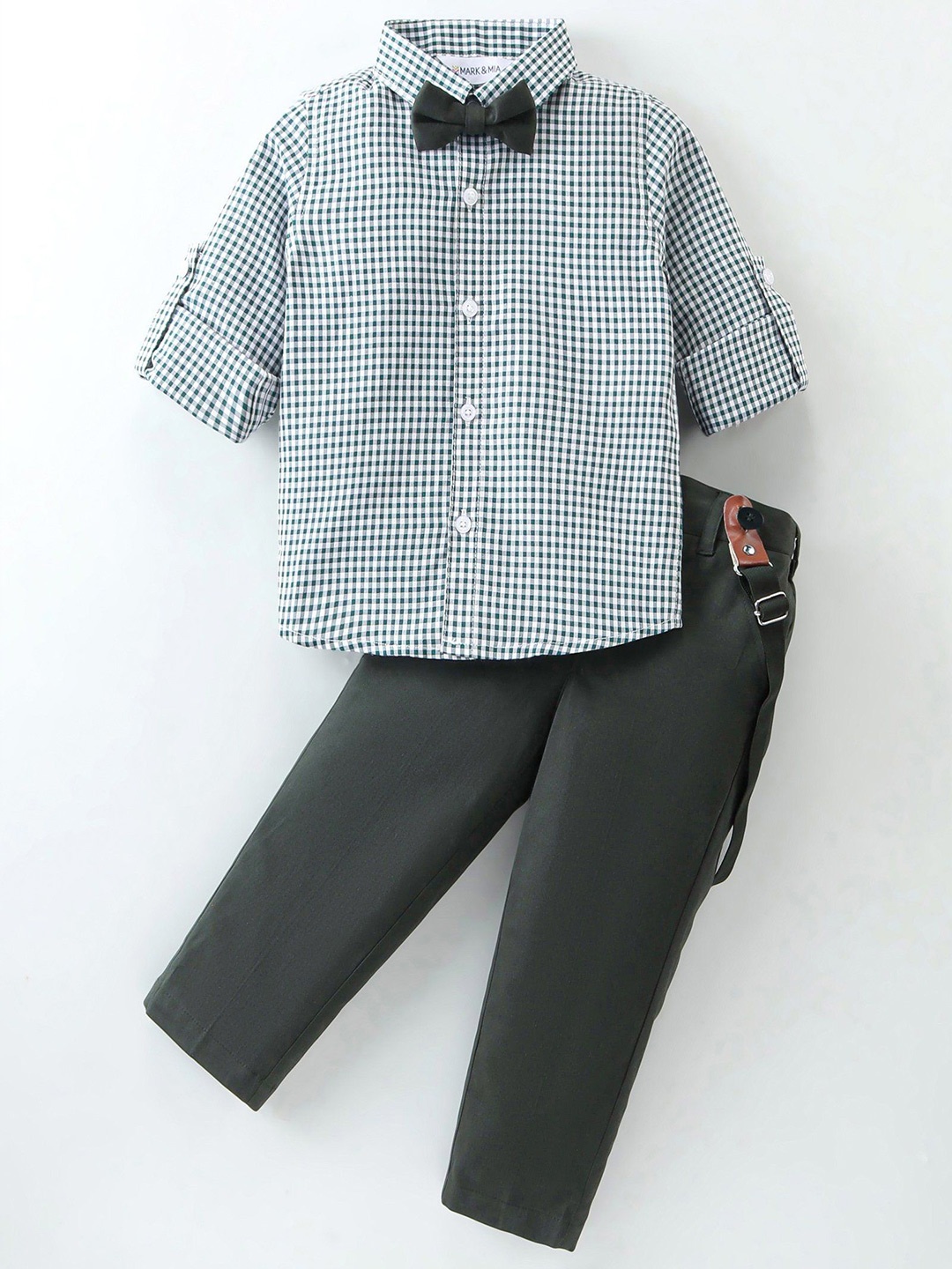 

Mark & Mia Boys Checked Long Sleeves Shirt With Trousers And Suspender, Green