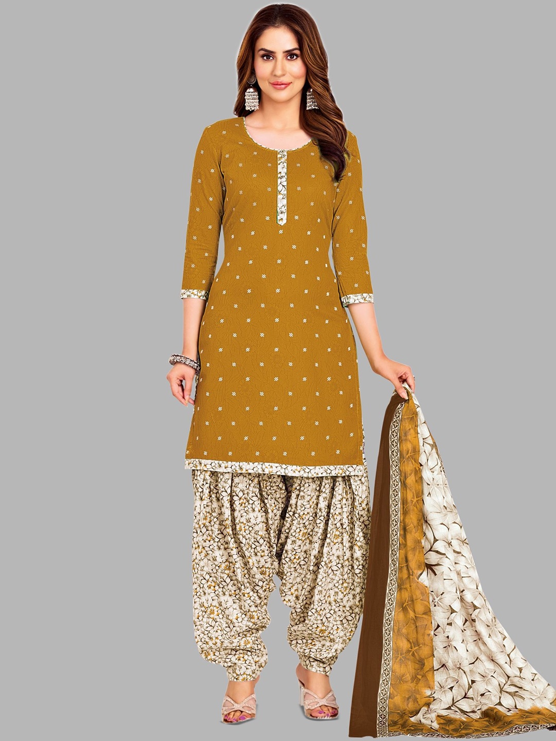 

Simmu Floral Printed Pure Cotton Unstitched Dress Material, Mustard