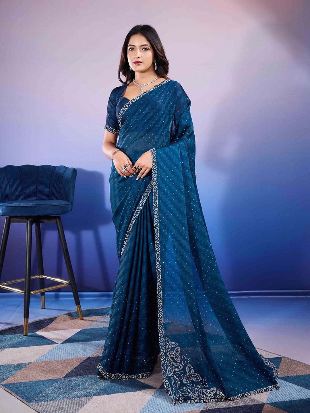 

Blissta Embellished Beads and Stones Poly Chiffon Designer Saree, Navy blue