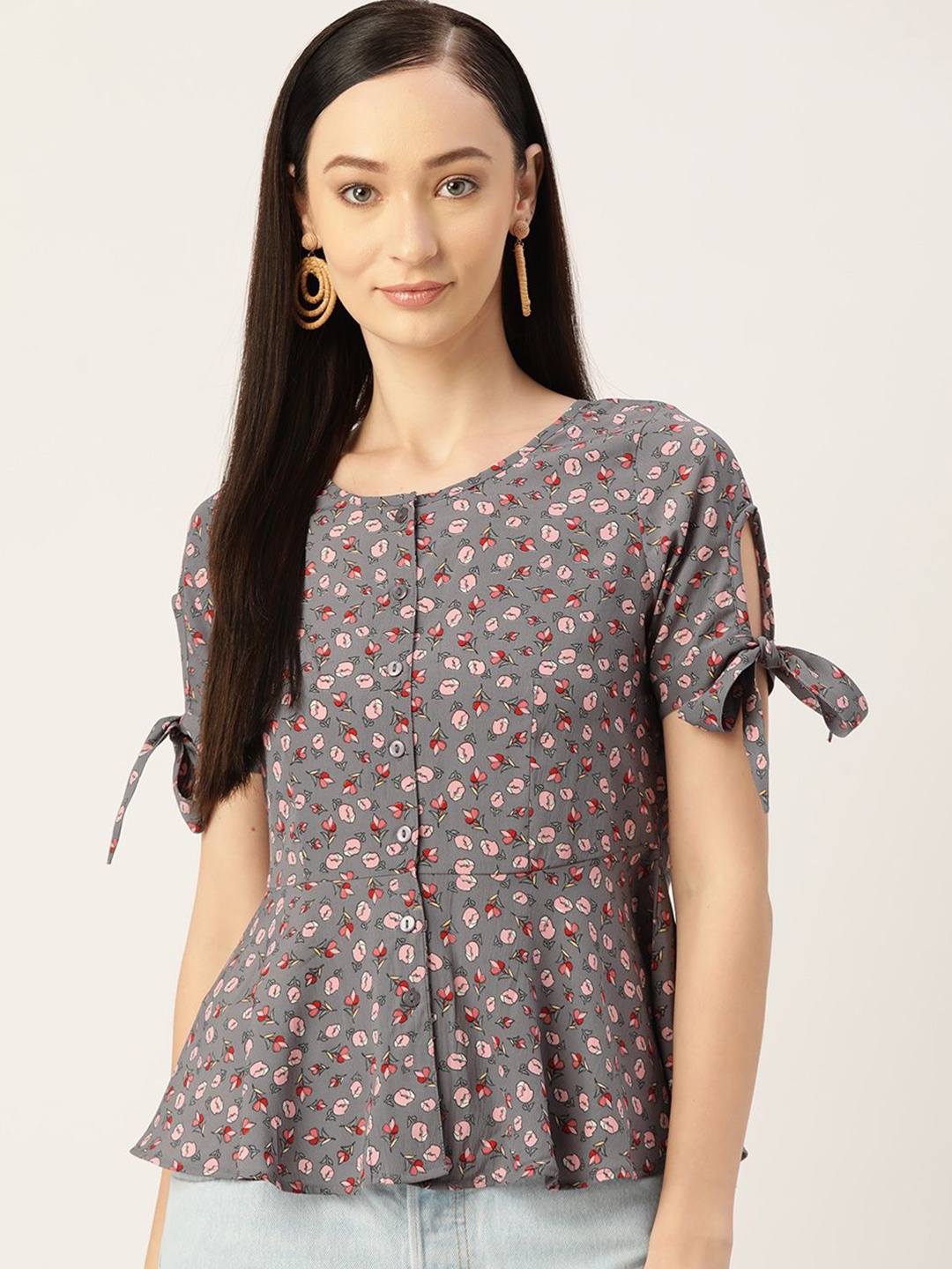 

Moda Rapido Women Floral Printed Slit Sleeve Top, Grey
