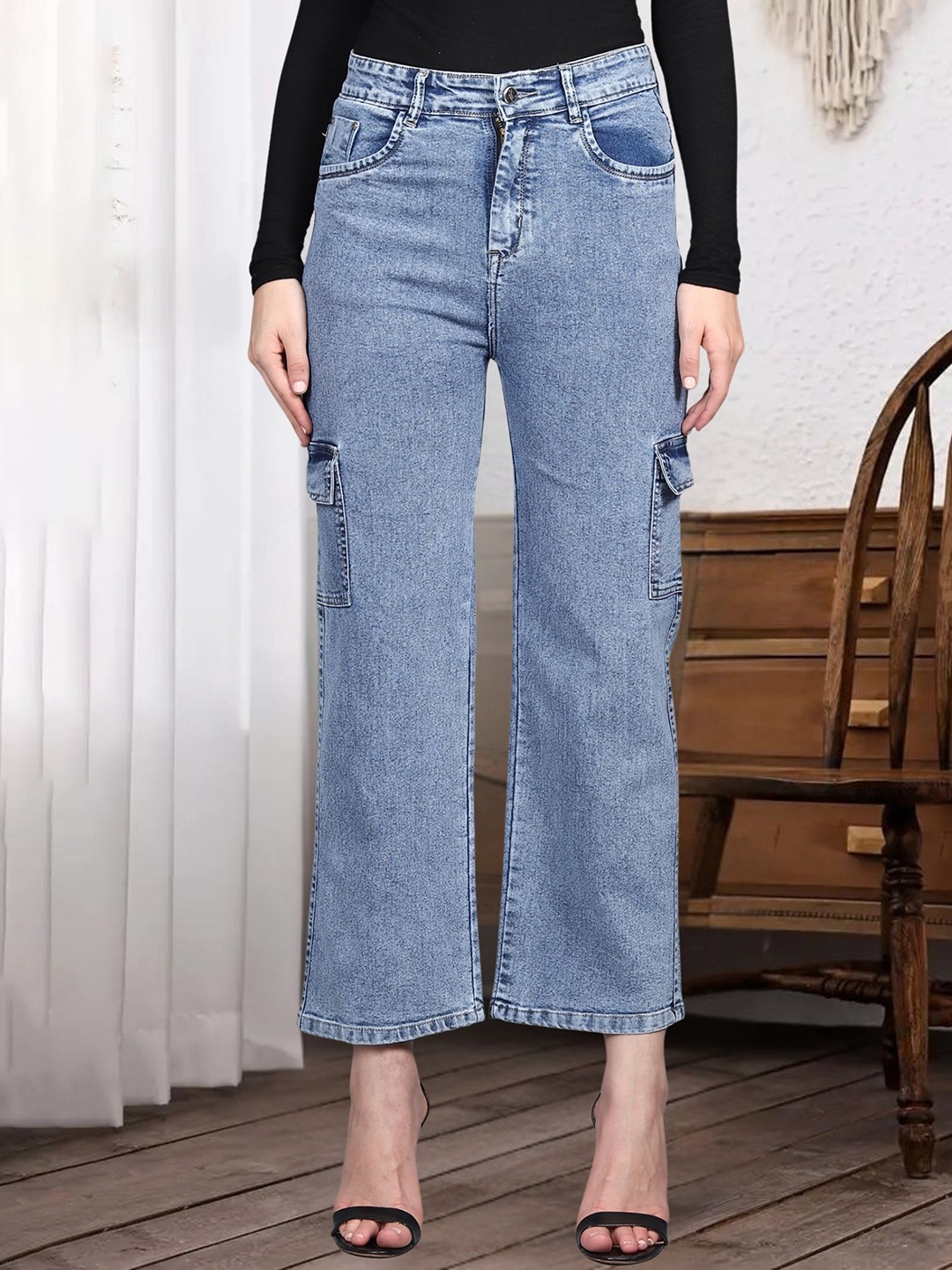 

DressBerry Women Cotton Comfort Wide Leg High-Rise Light Fade Acid Wash Stretchable Jeans, Blue