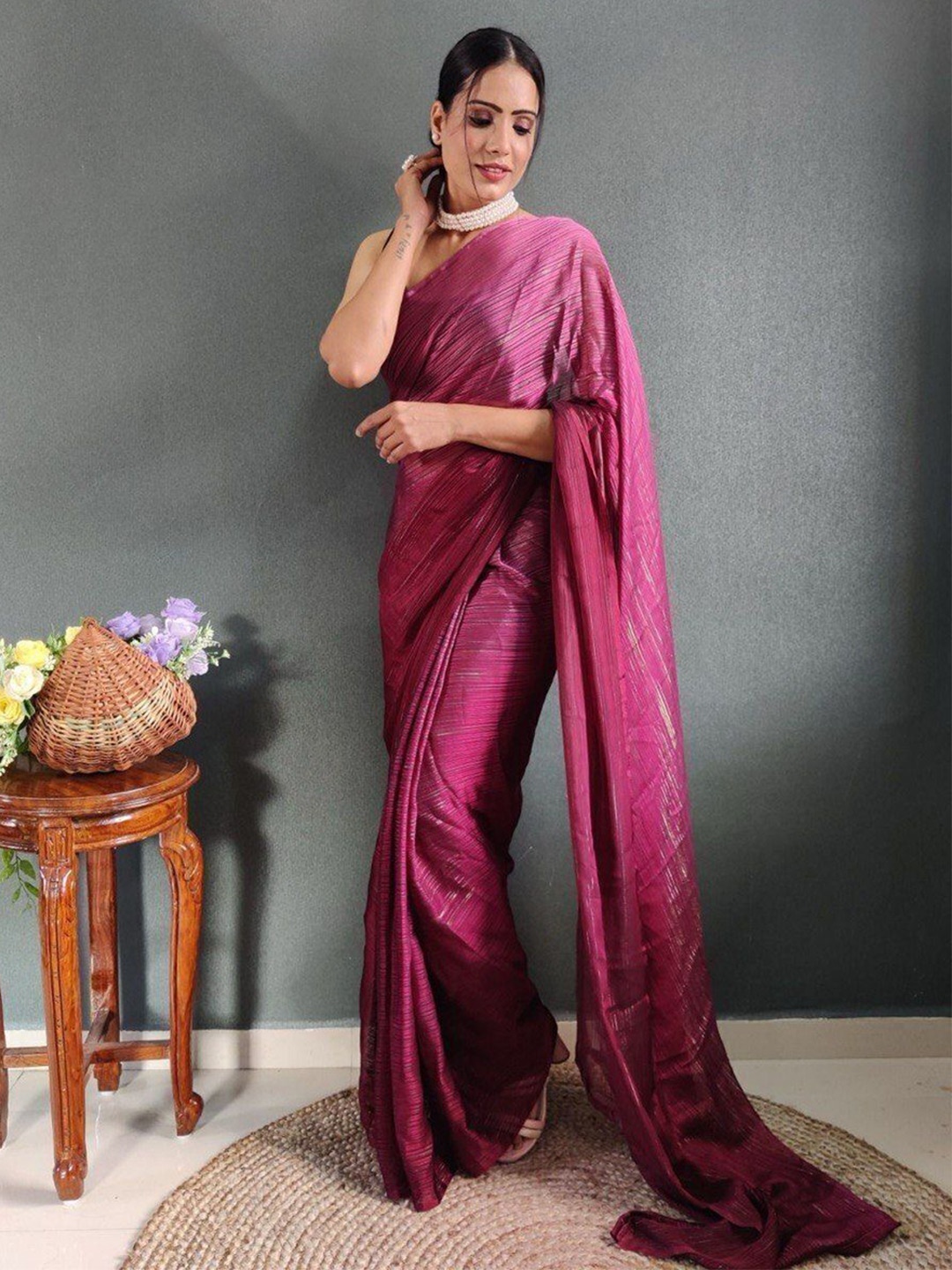 

bansari textiles Striped Ready to Wear Kota Saree, Pink