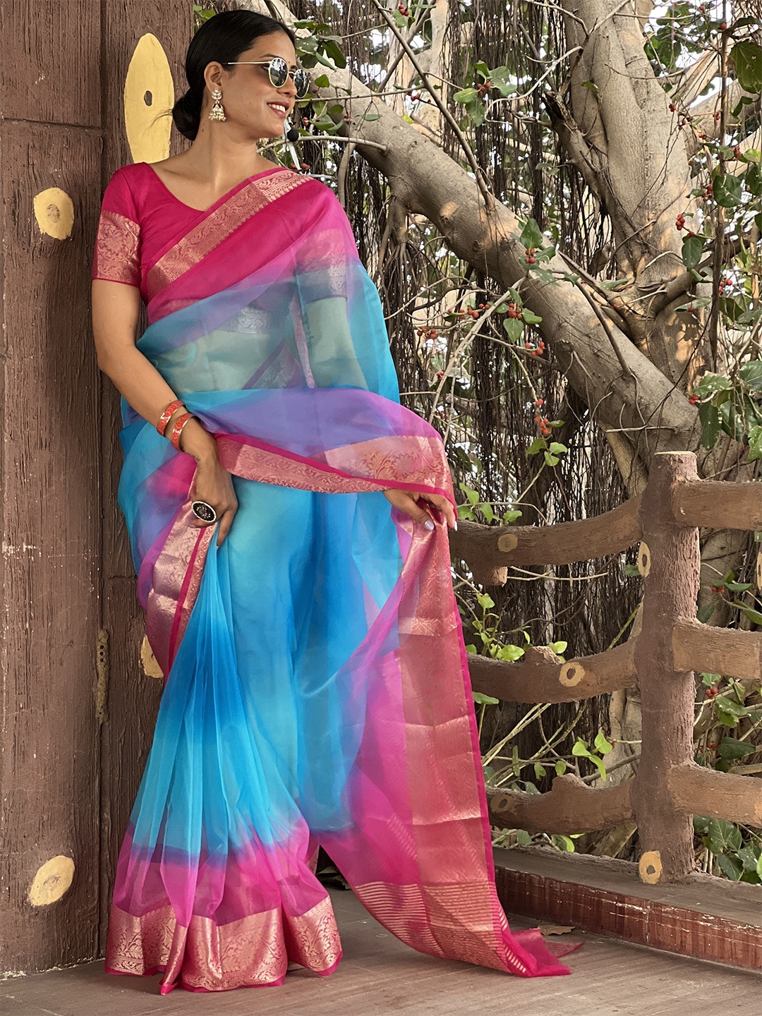 

bansari textiles Ombre Zari Pure Cotton Kota Saree, Blue