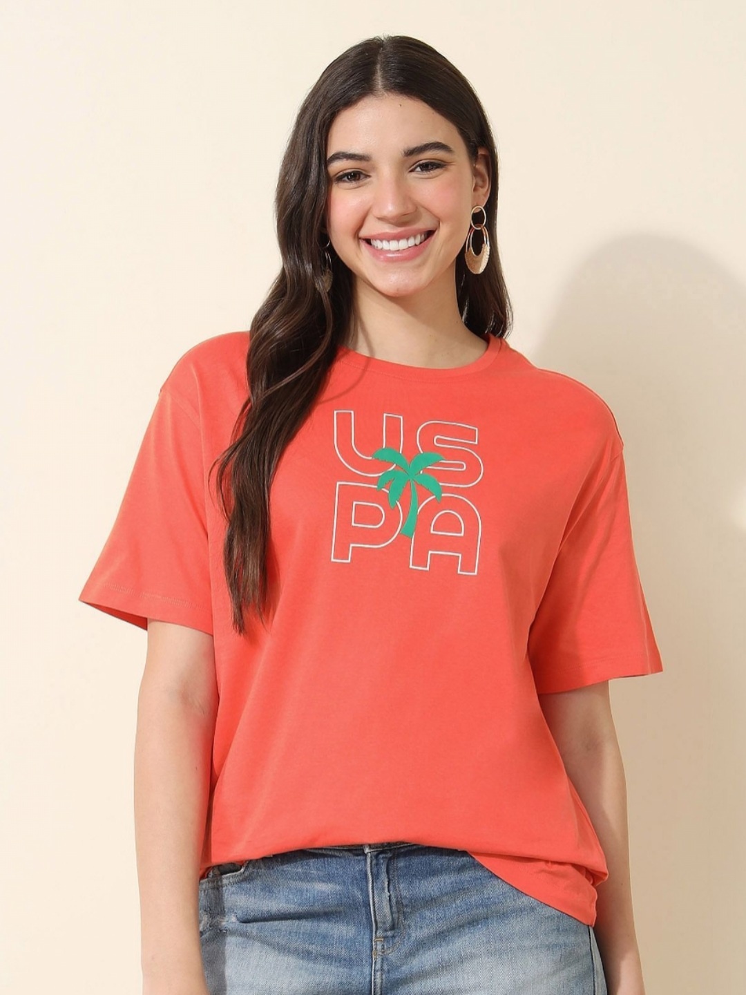 

U.S. Polo Assn. Women Typography Printed Round Neck Cotton Relaxed Fit T-shirt, Coral