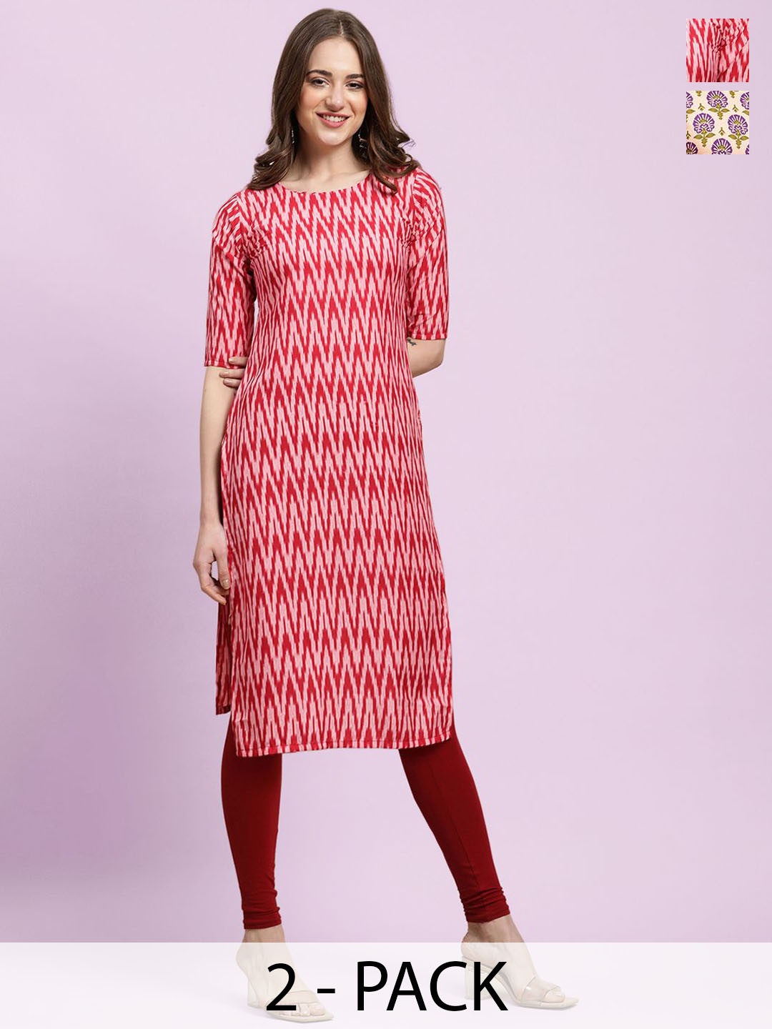 

Moda Rapido Selection Of 2 Chevron Printed Round Neck Straight Kurtas, Pink