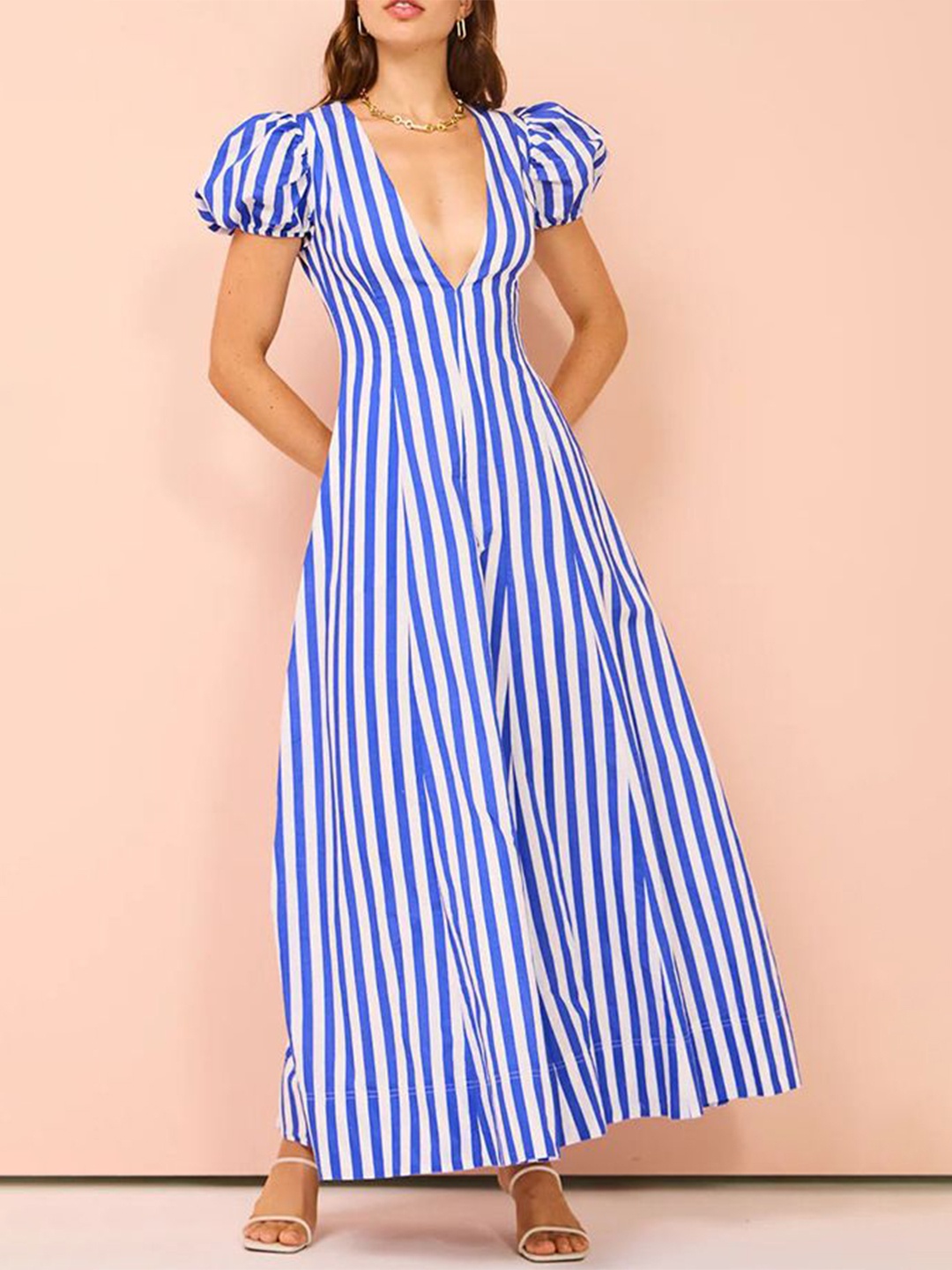 

StyleCast x Revolte Women Striped Puff Sleeve Fit & Flare Midi Dress, Blue