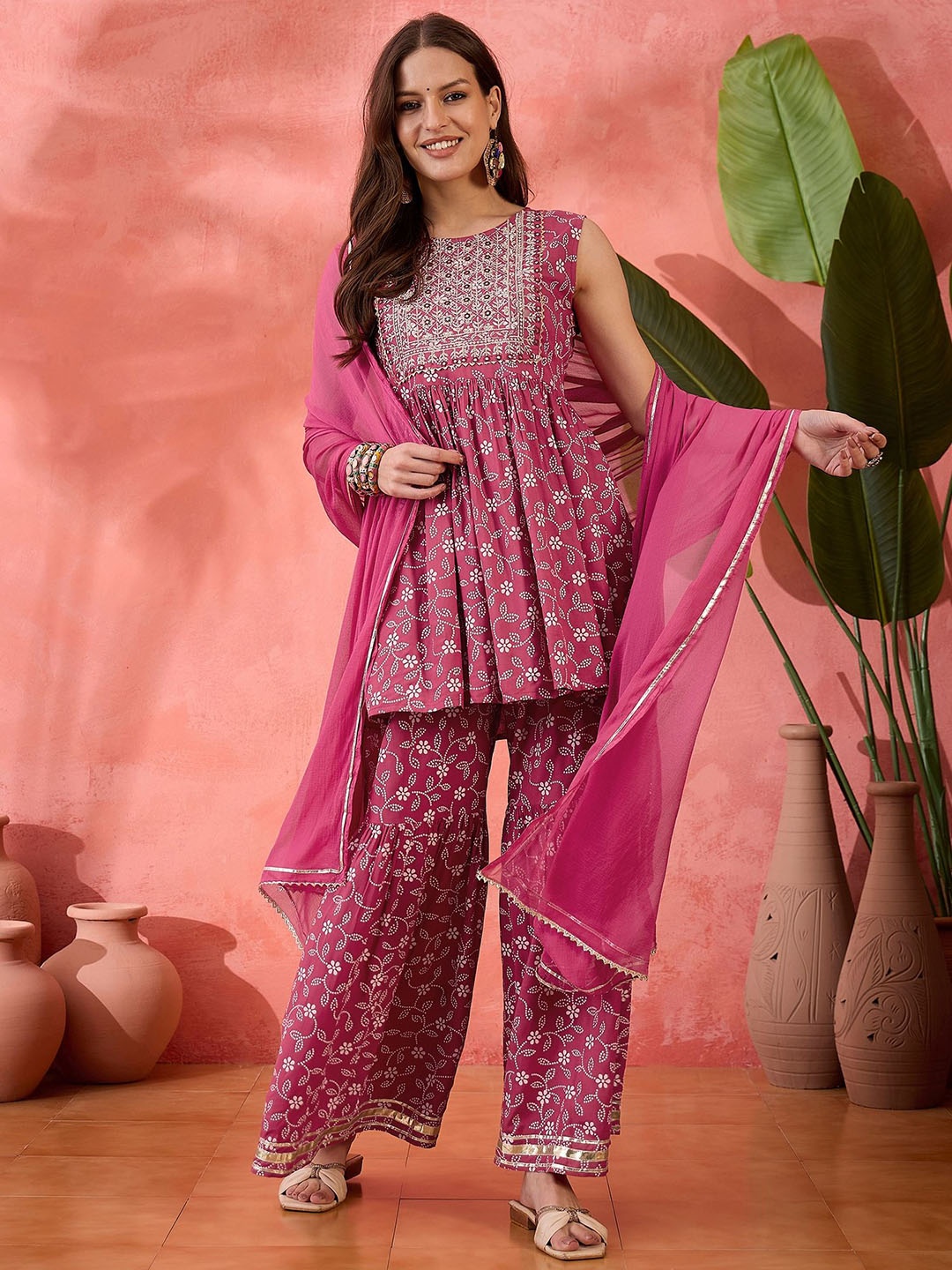 

Sangria Pink Floral Embroidered Sleeveless Anarkali Kurti With Sharara And Dupatta