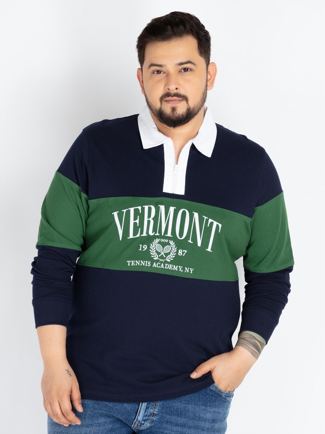 

UNSIZED Men Plus Size Typography Printed Polo Collar Cotton T-shirt, Navy blue
