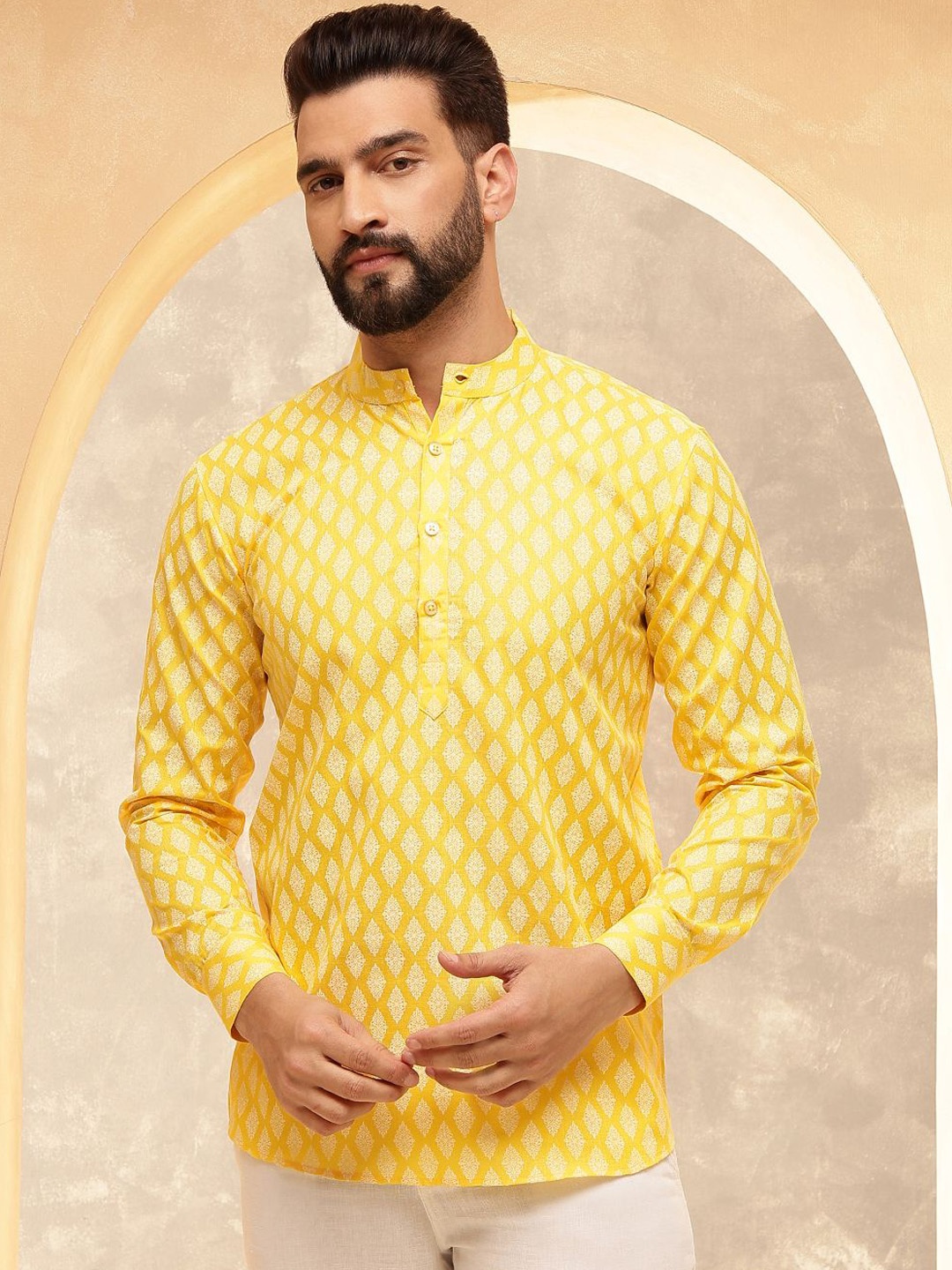 

Anouk Yellow Ethnic Motifs Printed Band Collar Straight Short Kurta