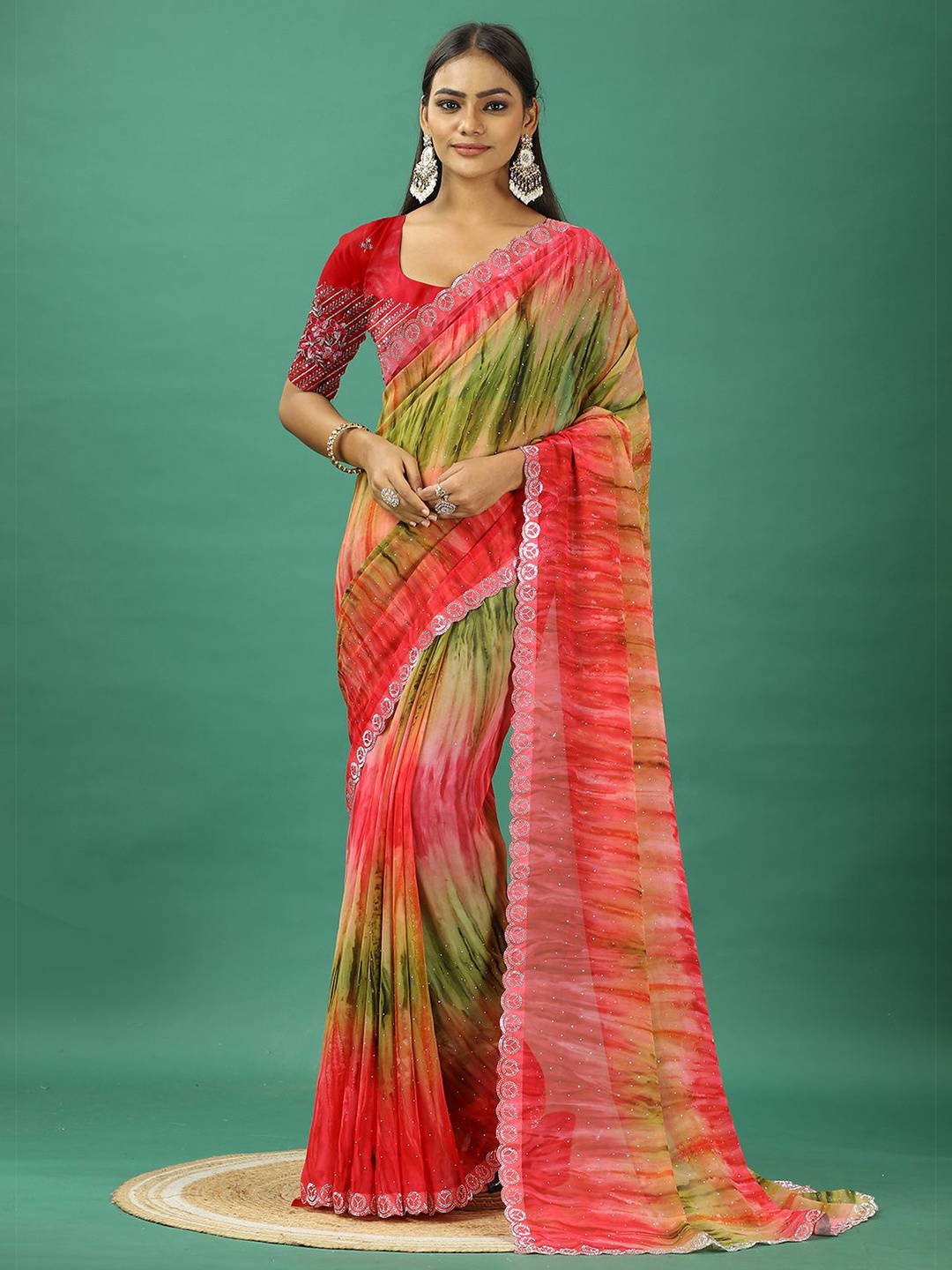 

NIRMAL CREATION Beads and Stones Pure Georgette Saree, Rose