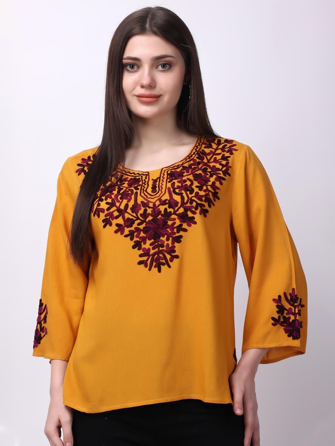 

VAAMII Women Embroidered Tie-Up Neck Top, Mustard