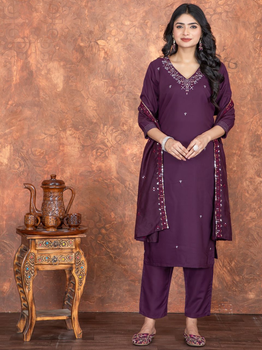 

KALINI V-Neck Floral Embroidered Straight Kurta With Trouser And Dupatta, Purple