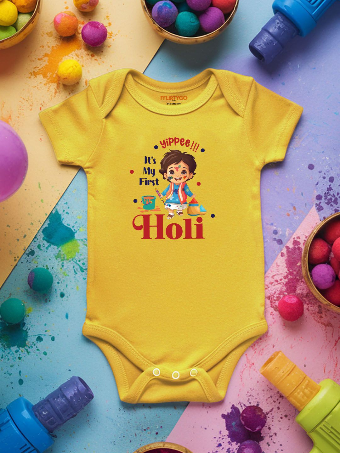 

FFLIRTYGO Infants Holi Printed Cotton Bodysuit, Yellow